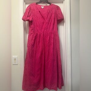 J.Crew Midi Dress Pink Eyelet Puff Short Sleeve Button V-Neck Women’s Size 16